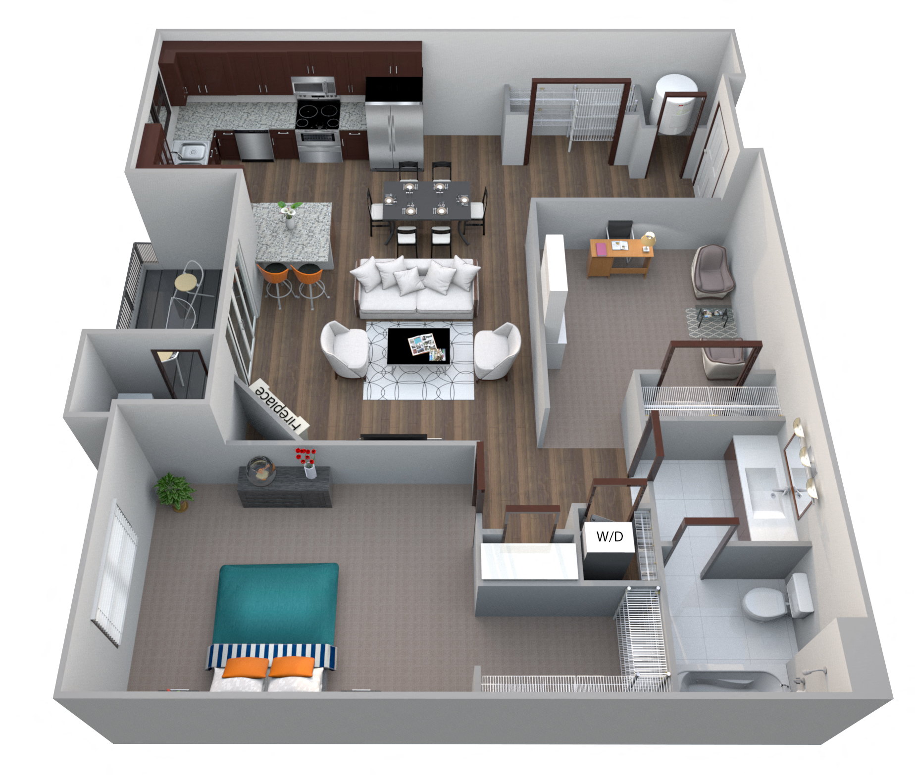 Floor plan for 1 bed, 1 bath, 983 sqft
